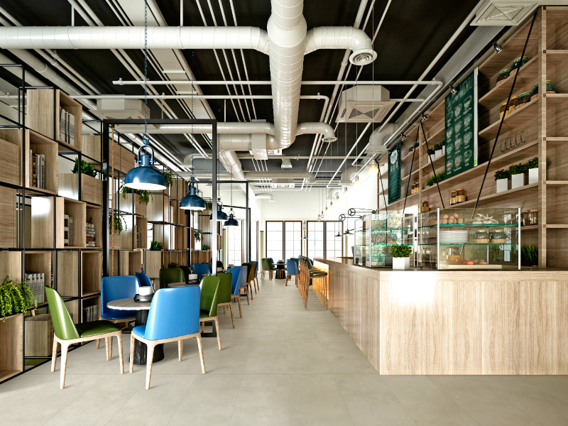 Café librería de diseño industrial de piso gris