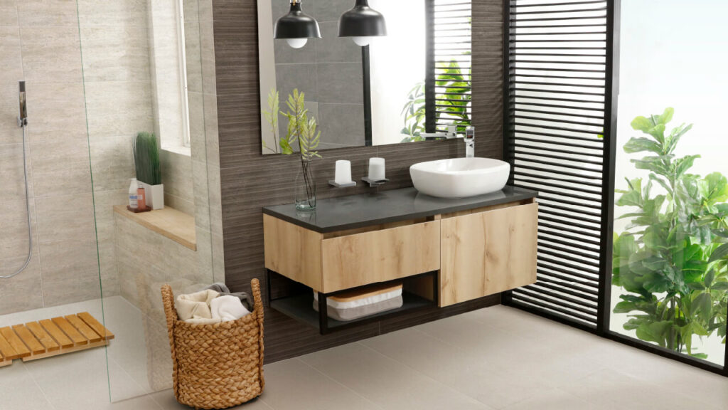Ambiente baño Corona con mueble piso Nova Marfil, mueble plus 120 cm con lavamanos Cascade.