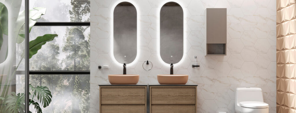 Ambiente baño Corona con Grifería para Lavamanos Monocontrol Cascade Alta Sahara Antimicrobiano y mueble Cascade Plus 70 cm con Lavamanos Vessel.