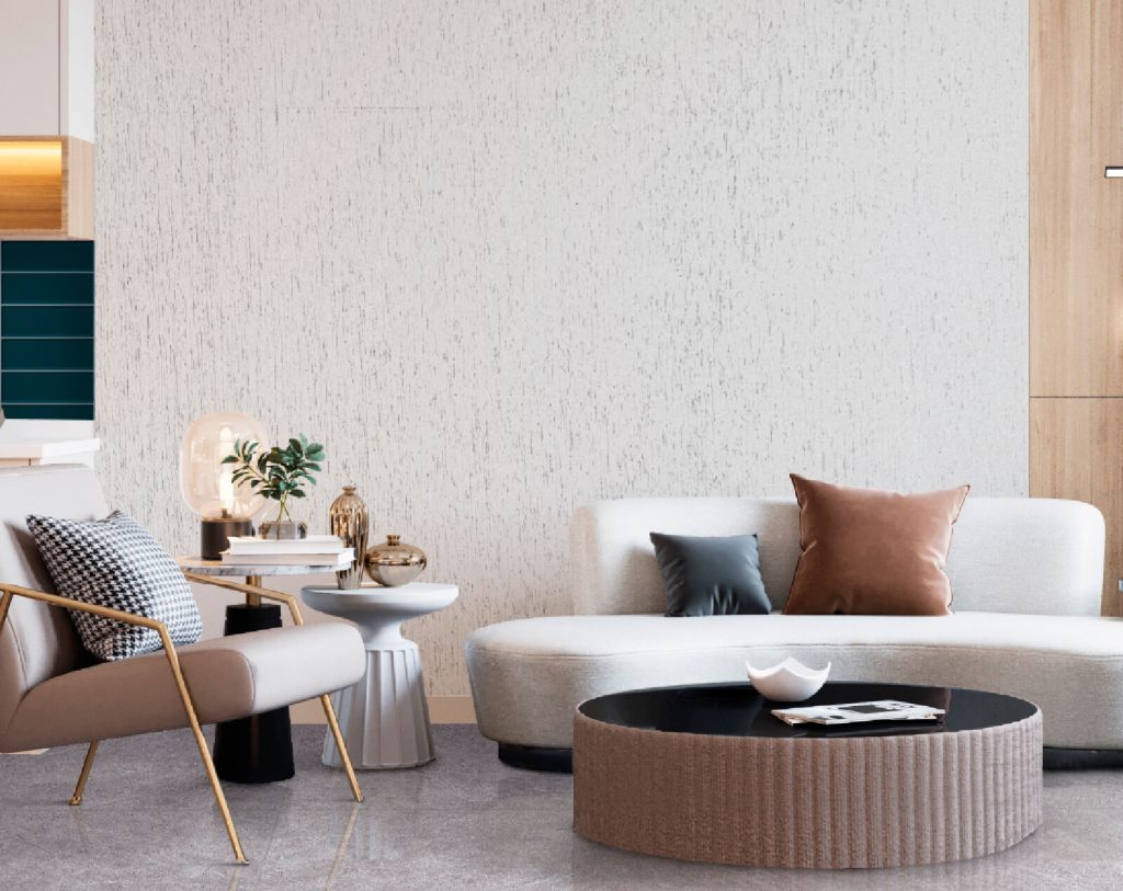 Ambiente sala Corona con pared texturizada moderna en tono beige.