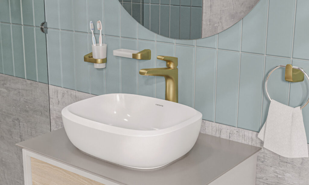 Ambiente baño Corona con brick azul niebla, lavamanos Cascade Vessel Blanco y grifería Cascade Alta Sahara Antimicrobiano