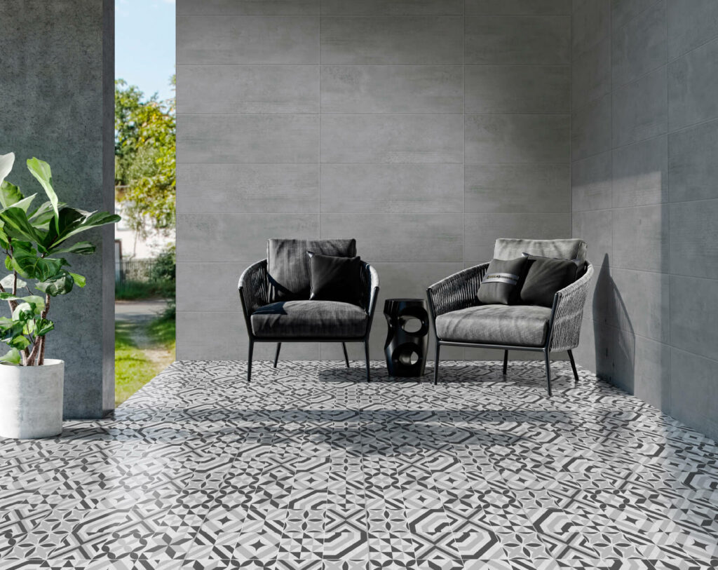Patio exterior moderno en tonos grises