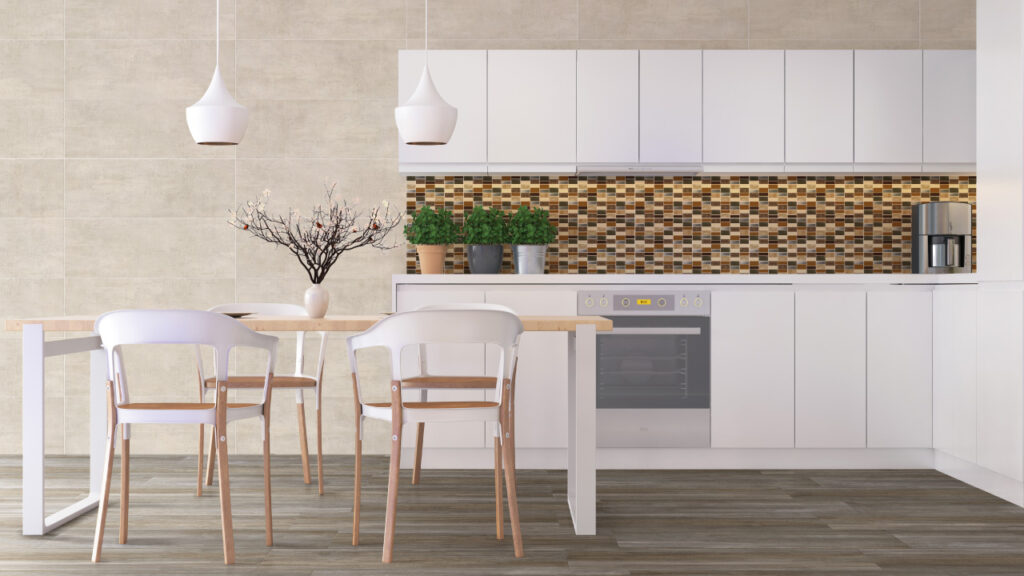 Cocina Corona con Mosaico Kogui Café instalado en pared