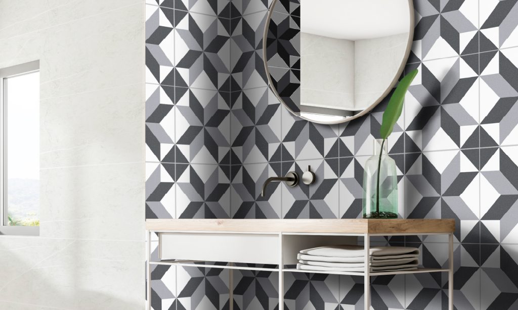 Ambiente baño Corona con piso pared Argenta Rombos Negro y pared Marquina Blanco