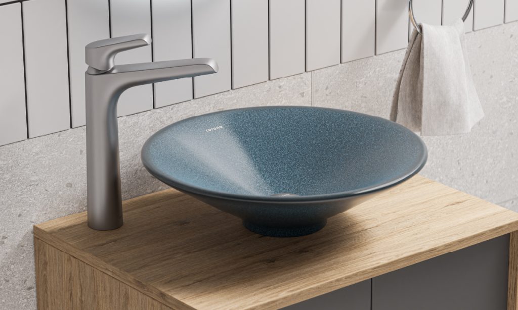 Ambiente baño Corona con grifería Cascade alta titanio y lavamanos Vento