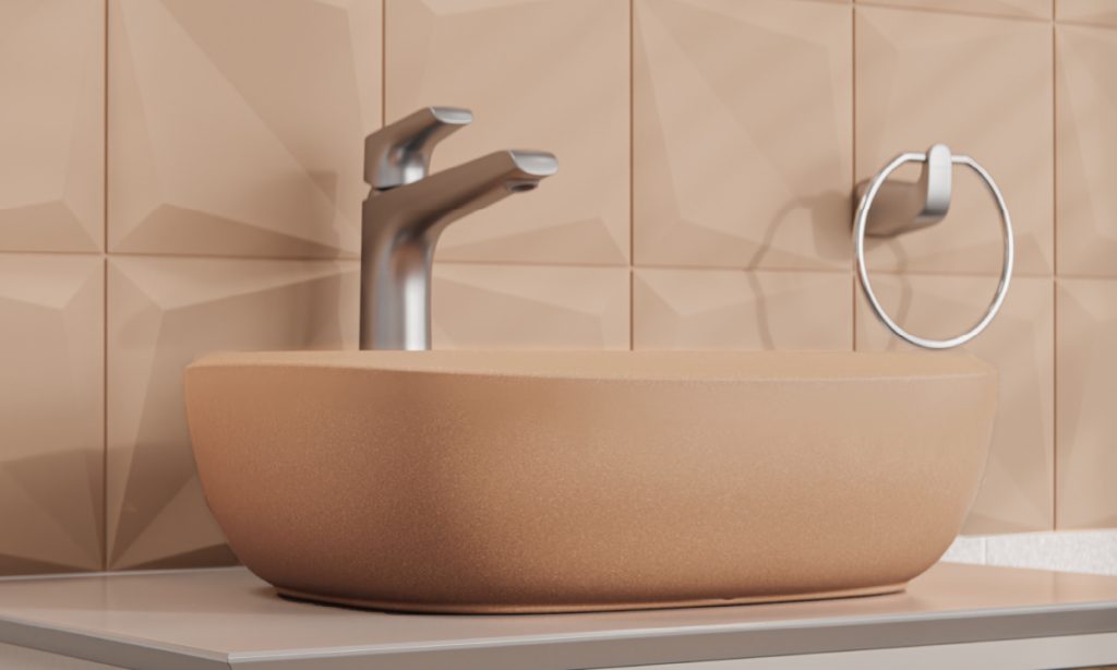 Ambiente baño Corona con lavamanos Cascade Vessel Tatacoa y pared Orikata 3D Arena