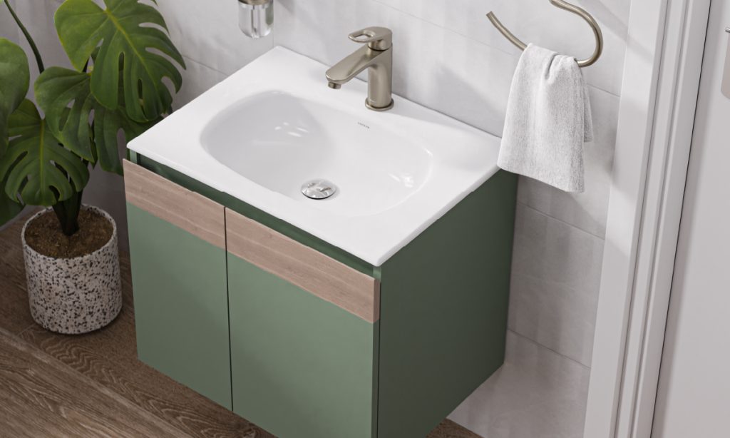 Ambiente baño Corona con lavamanos Aluvia elevado color Agave