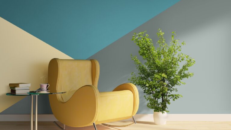 Pared con pintura Corona Sunwashed Yellow, River Rhythm y Storm Cloud