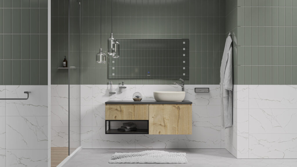 Baño Corona con mueble Plus 120 cm, lavamanos Cascade Barú y brick Verde Oliva