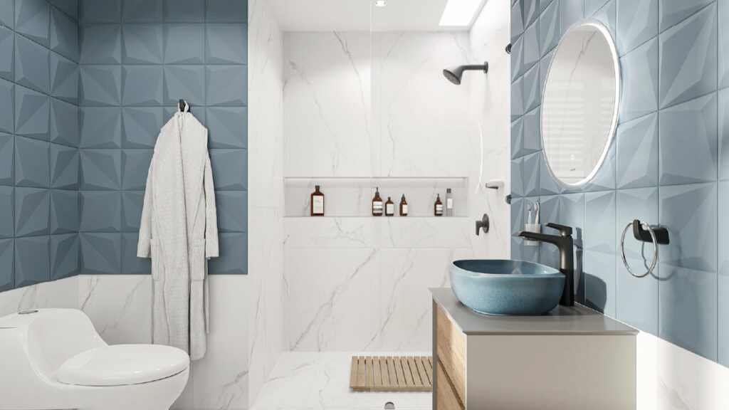 Ambiente baño Corona con Pared Orikata 3D Aguamarina, mueble Cascade, grifería Monocontrol Cascade Alta Mate Black y lavamanos Cascade Vessel Pacífico