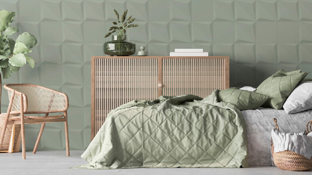 Ambiente habitación Corona con Pared Orikata 3D Verde Salvia 