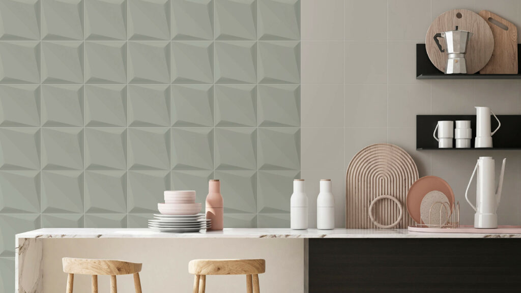 Ambiente cocina Corona con Pared Orikata 3D Verde Salvia y Orikata plana beige