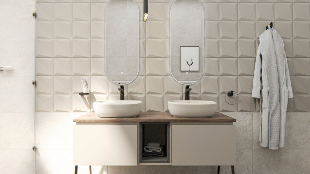 Ambiente baño Corona con Mueble Plus 140 cm con 2 Lavamanos Cascade Vessel, grifería Monocontrol Cascade Alta Mate Black y Espejo Oval Led