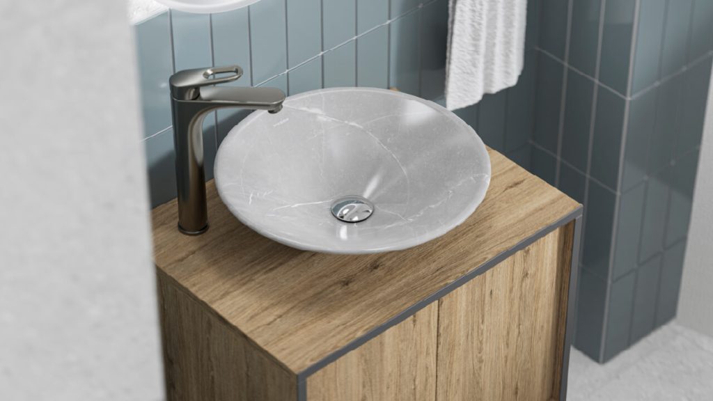 Ambiente baño Corona con lavamanos de sobreponer Vento y grifería Koral Niquel alta.