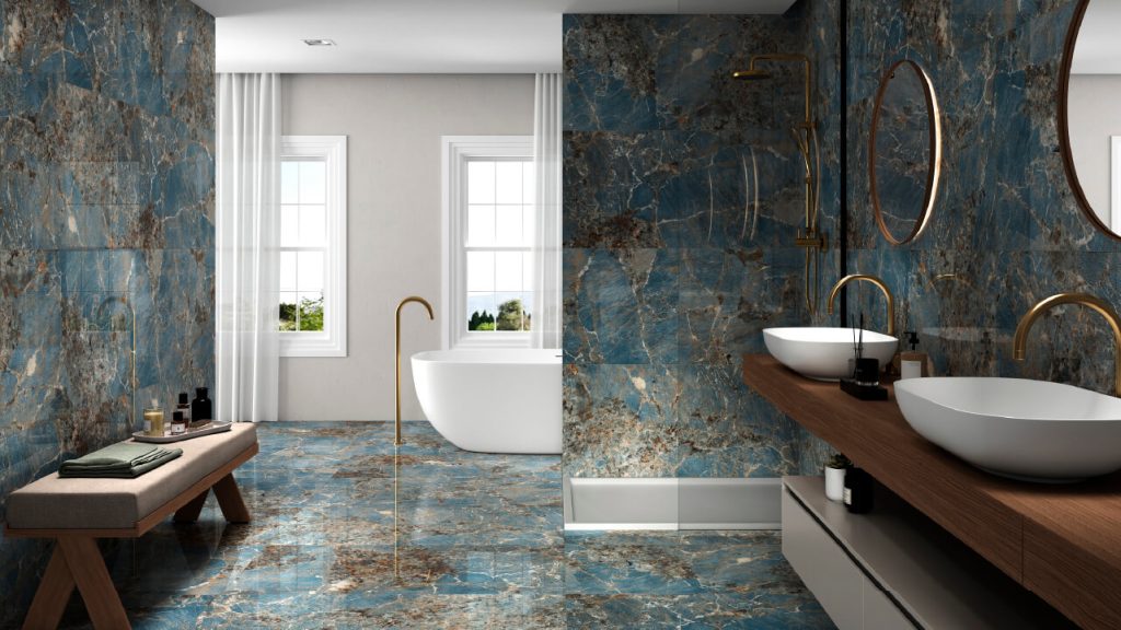Ambiente baño Corona con pres Porcelánico pulido Galaxy Acqua azul en piso y paredes.