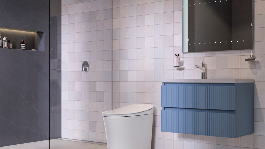 Ambiente baño Corona con sanitario Nyren, Kit por 6 Accesorios Liquid y pared Colore Marfil.