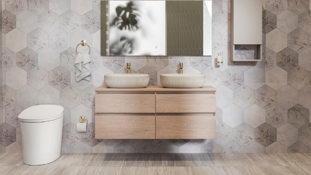 Ambiente baño Corona con sanitario Nyren, y pared hexágono pradera Gris.