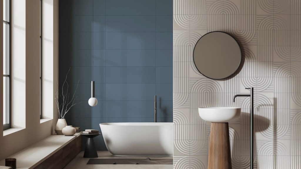 Baño Corona con paredes personalizadas en tono azul y beige con diseños geométricos.