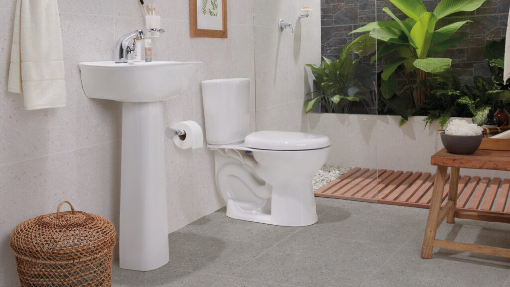 Ambiente baño Corona con Pared Chantarela 30x45cm, piso Cantera duropiso blanco y gris 51x51cm