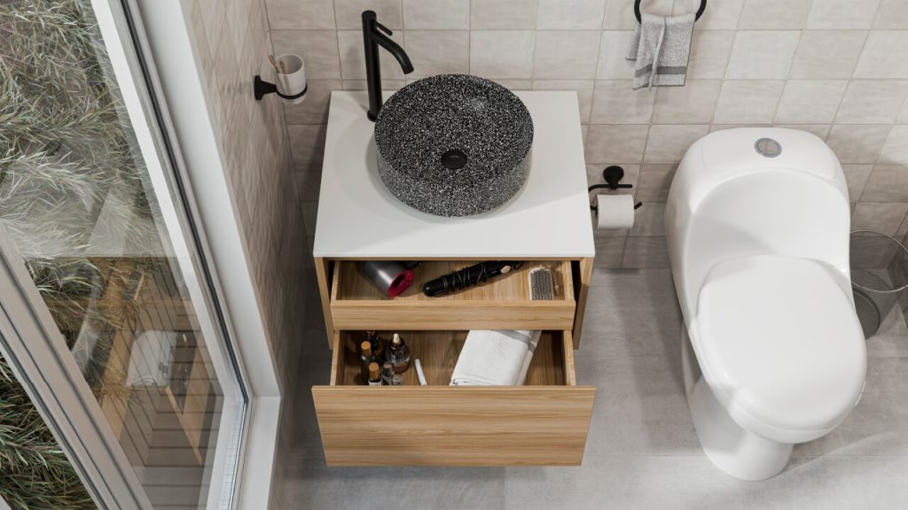 Detalle mueble Fussion Vessel 60cm Fresno con compartimientos