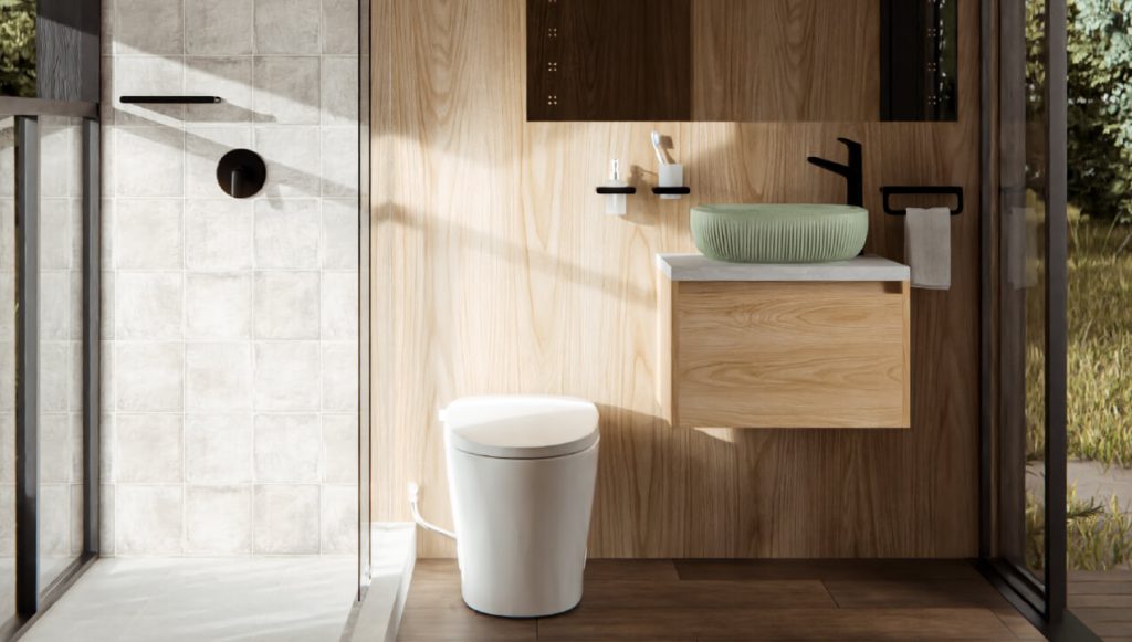 Baño Casa Corona tamaño mini con Mueble Vessel 60cm, lavamanos Cascade vessel texturizado y Sanitario Nyren Lite