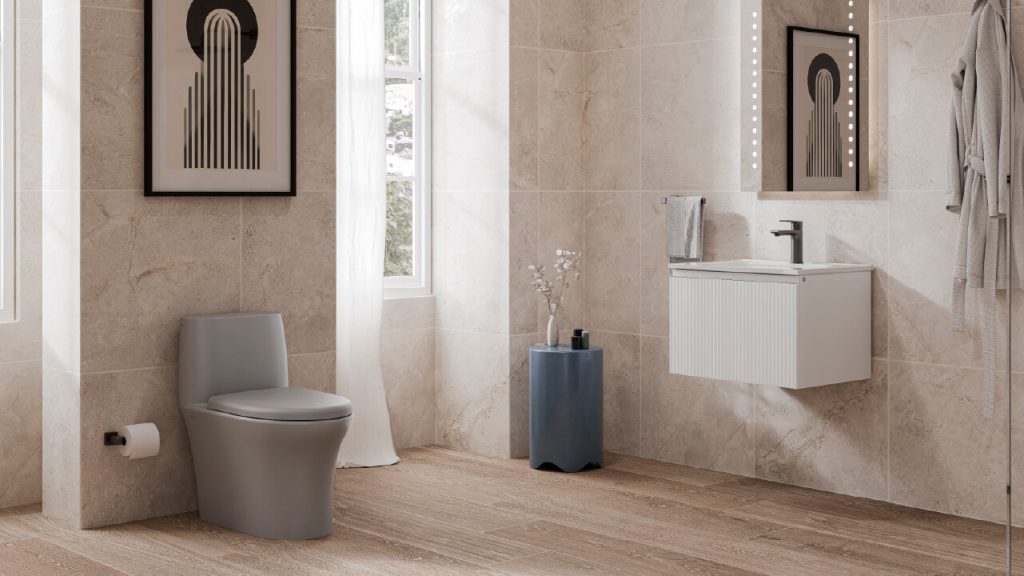 Ambiente Corona con sanitario Solare Gris y mueble de baño Olmo 80cm Blanco con lavamanos.