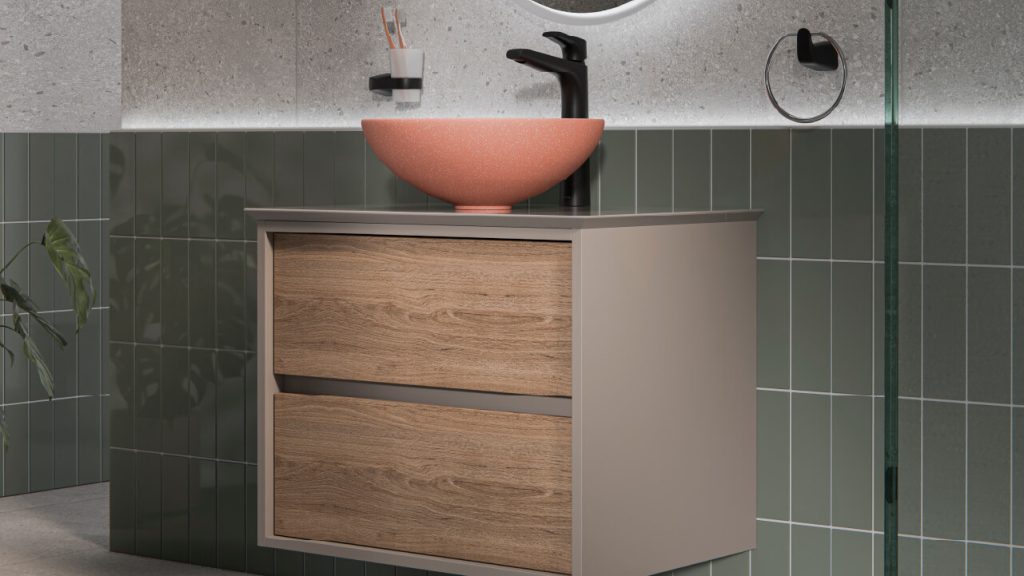 Ambiente Corona con mueble, grifería Cascade y lavamanos Spazio ll Coral.