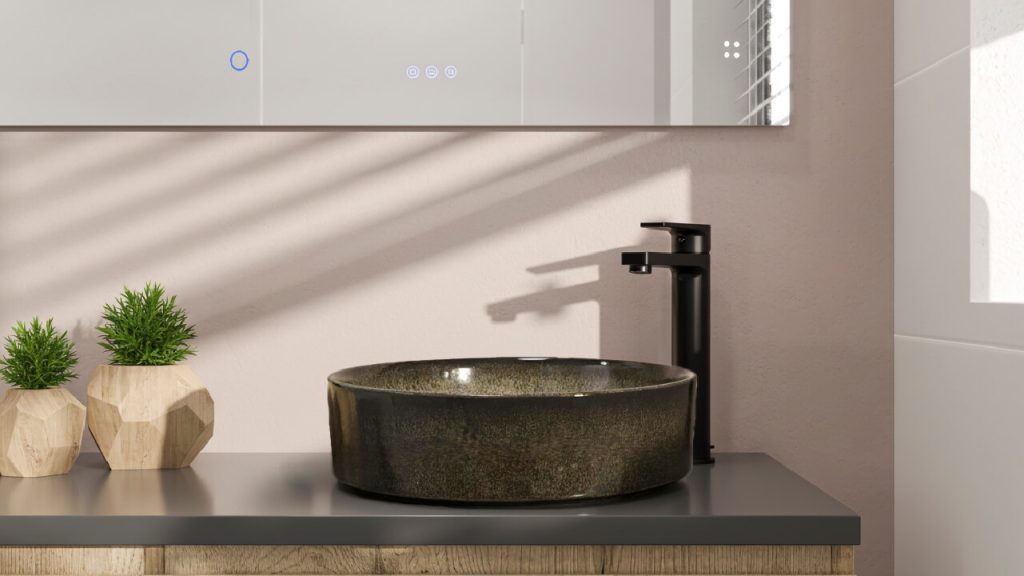 Ambiente baño Corona con lavamanos Cairo en acabado Boreal.
