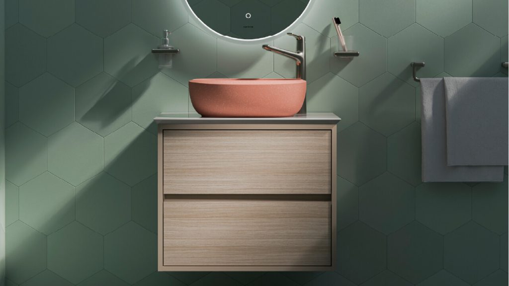 Ambiente con mueble de baño, grifería y Lavamanos Cascade Vessel Coral Concreto.