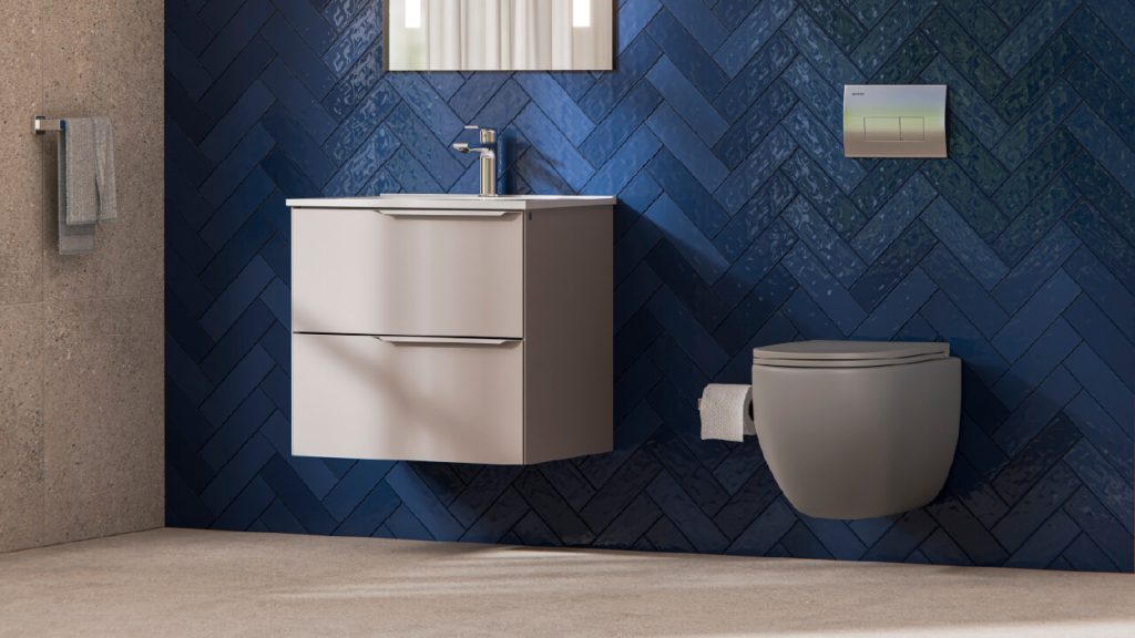 Ambiente baño Corona con mueble Salvia Arena 60cm y sanitario Lotus gris.