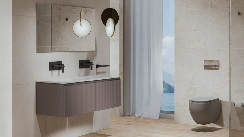 Ambiente baño Corona con mueble Olmo Habana con Lavamanos Arena 80cm y sanitario Lotus gris.