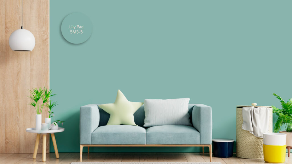 Sala con tono Lily Pad en la pared