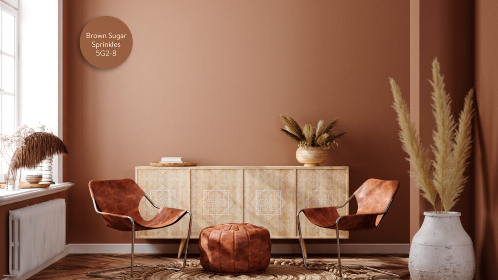 Sala con tono Brown Sugar Sprinkles en la pared