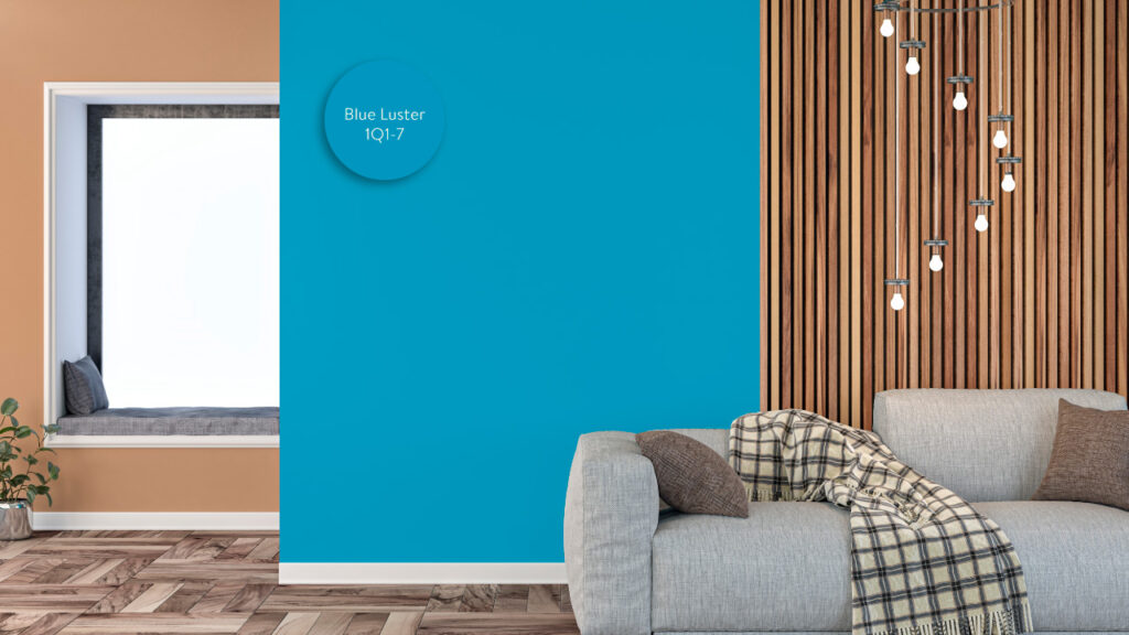 Sala con tono Blue Luster en la pared