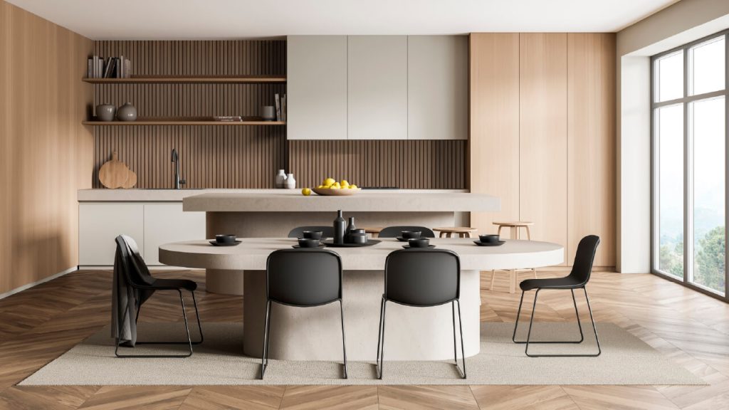 Ambiente cocina Corona con Wall panel Cedro en pared.