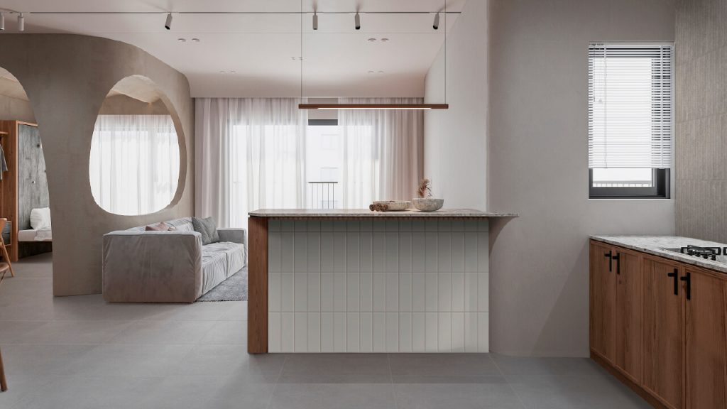 Ambiente cocina Corona con brick blanco en barra y piso Porcelanato® West ARD® PRO Hielo.