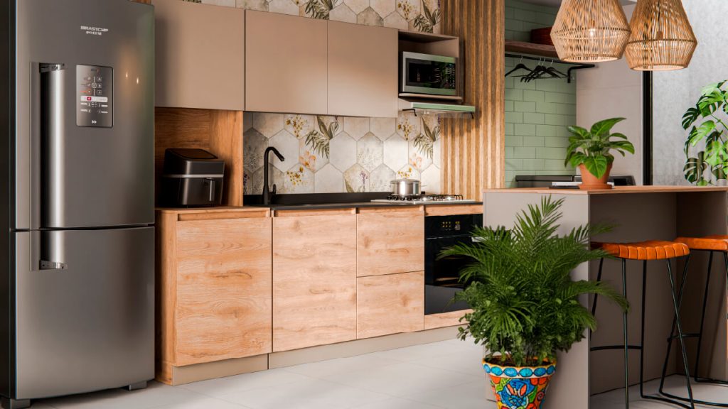 Ambiente con cocina Bilbao Corona y decorado hexagonal Hierbabuena en pared.