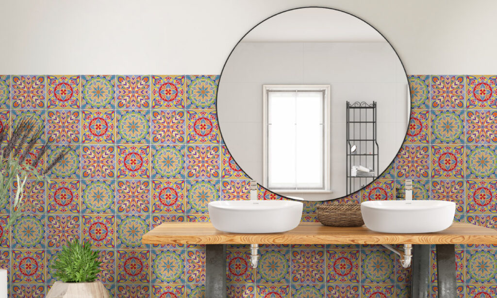 Ambiente baño Corona piso pared Mandala Camelia, Jazmín y Lirio multicolor, piso Rectificado Abeto Gris y lavamanos Cascade Vessel Blanco