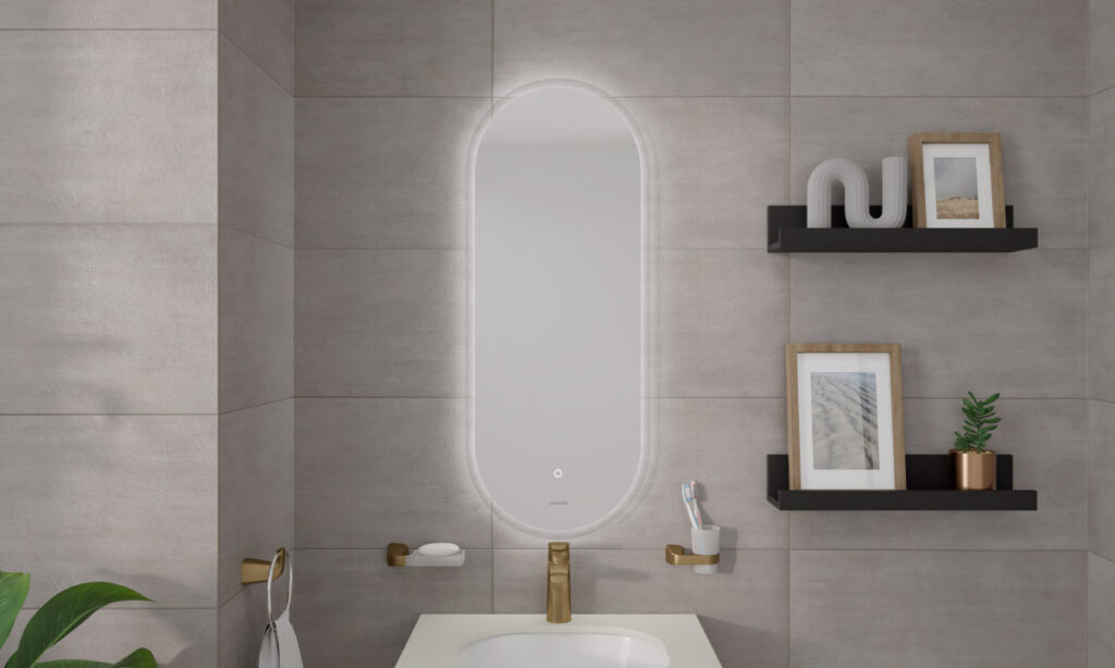 Ambiente baño Corona Piso PORCELANATO® – Caliza Rectificado, Sanitario Burgos, Mueble Cascade, Espejo Oval Led, Grifería para Lavamanos Monocontrol Cascade Media Sahara Antimicrobiano