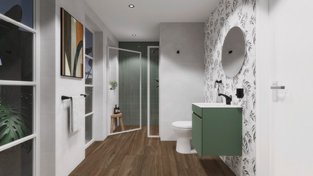 Baño Corona con sanitario, grifería mateblack Aluvia y mueble color Agave.