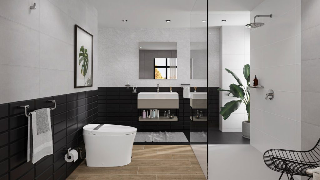 Baño Corona con sanitario Nyren, Brick, pared Harlem gris y mueble Fussion Plus con lavamanos.