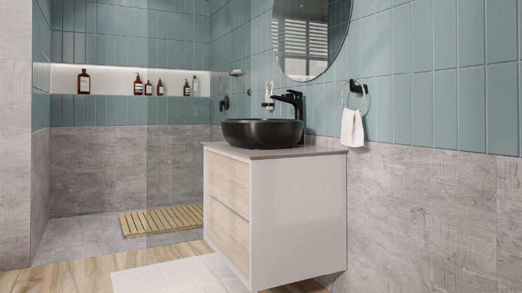 Ambiente baño Corona con pared Brick Azul Niebla