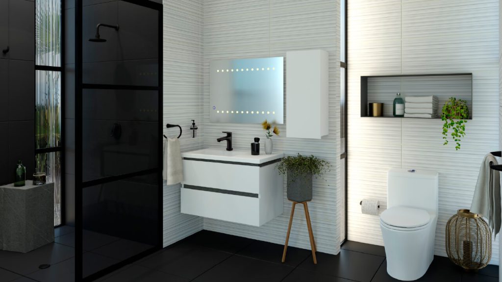 Ambiente baño Corona con pared Vasana texturizada blanca