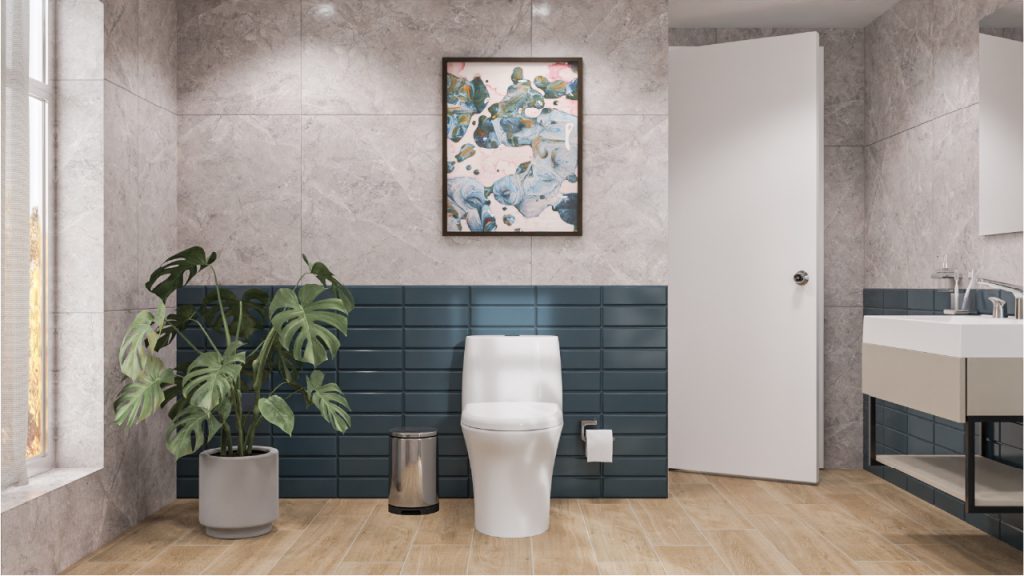 Ambiente baño Corona con baldosa Mantis Gris 30×45 cm y brick Azul Petróleo 8.8×27 cm a medio muro