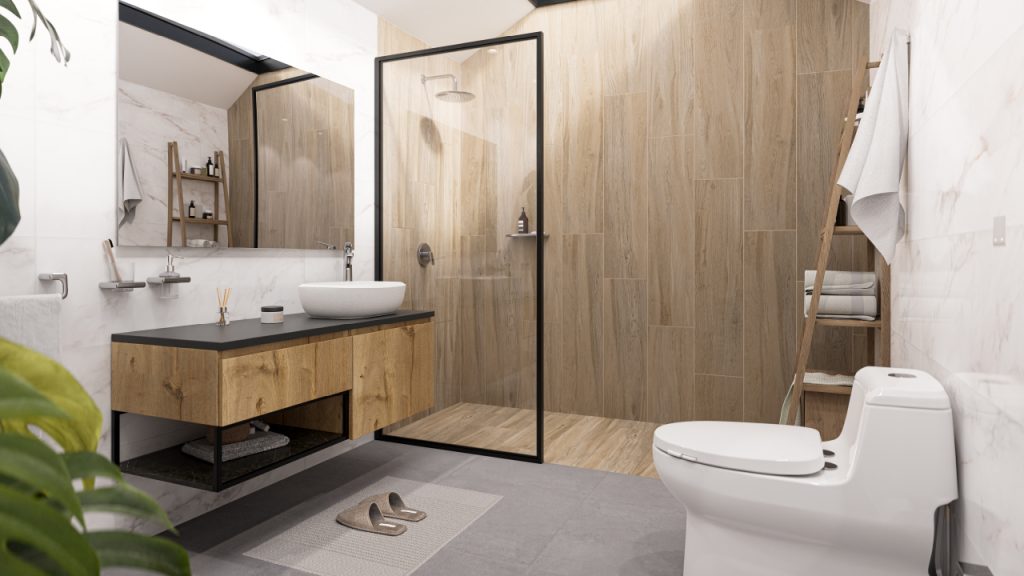 Ambiente baño Corona con piso PORCELANATO® ref Solari, espejo Fashion y sanitario Cascade.