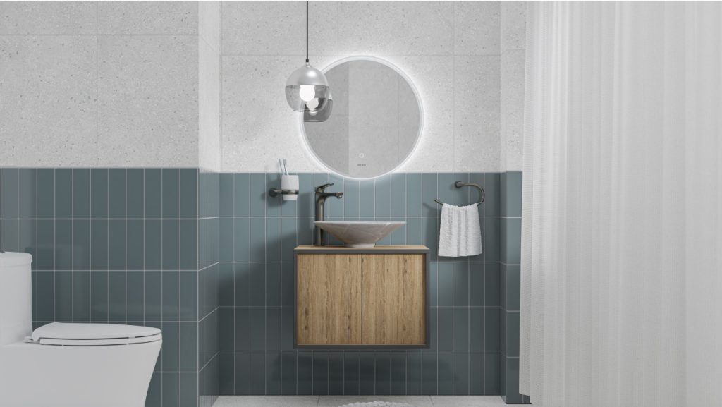 Ambiente baño Corona con lavamanos Vento marmolizado y mueble elevado Bilboa.