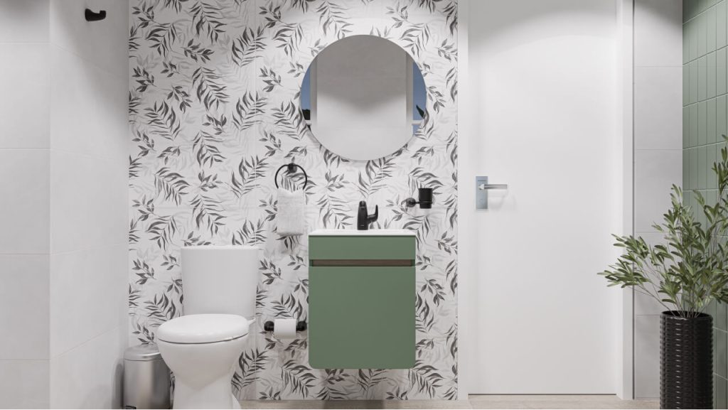 Ambiente baño Corona con sanitario ultra ahorrador, mueble elevado y grifería Aluvia.
