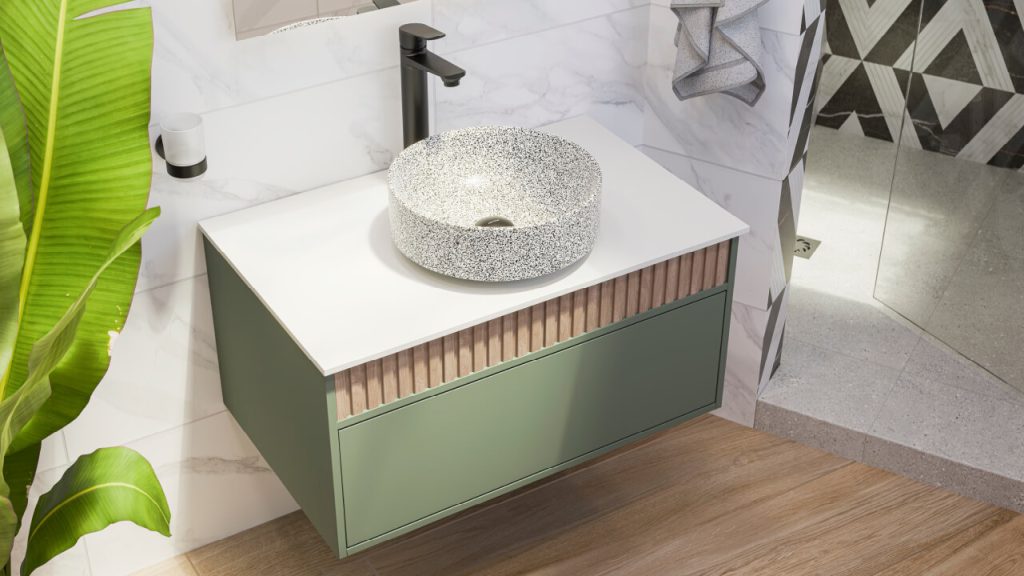 Ambiente baño Corona con lavamanos Cairo y mueble Natura Agave ranurado.