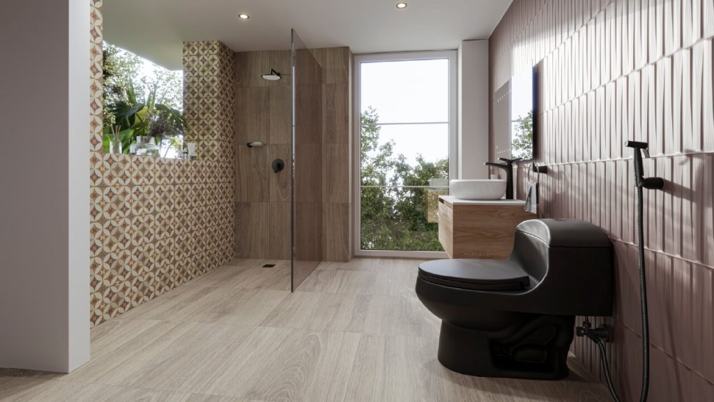 Ambiente baño Corona con sanitario Montecarlo Novo en color negro mate.