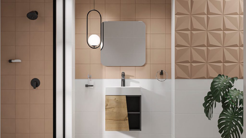Ambiente baño Corona con pared Orikata 3D Arena y Arena beige, ducha Cascade Mate Black y Mueble Fussion Vital.